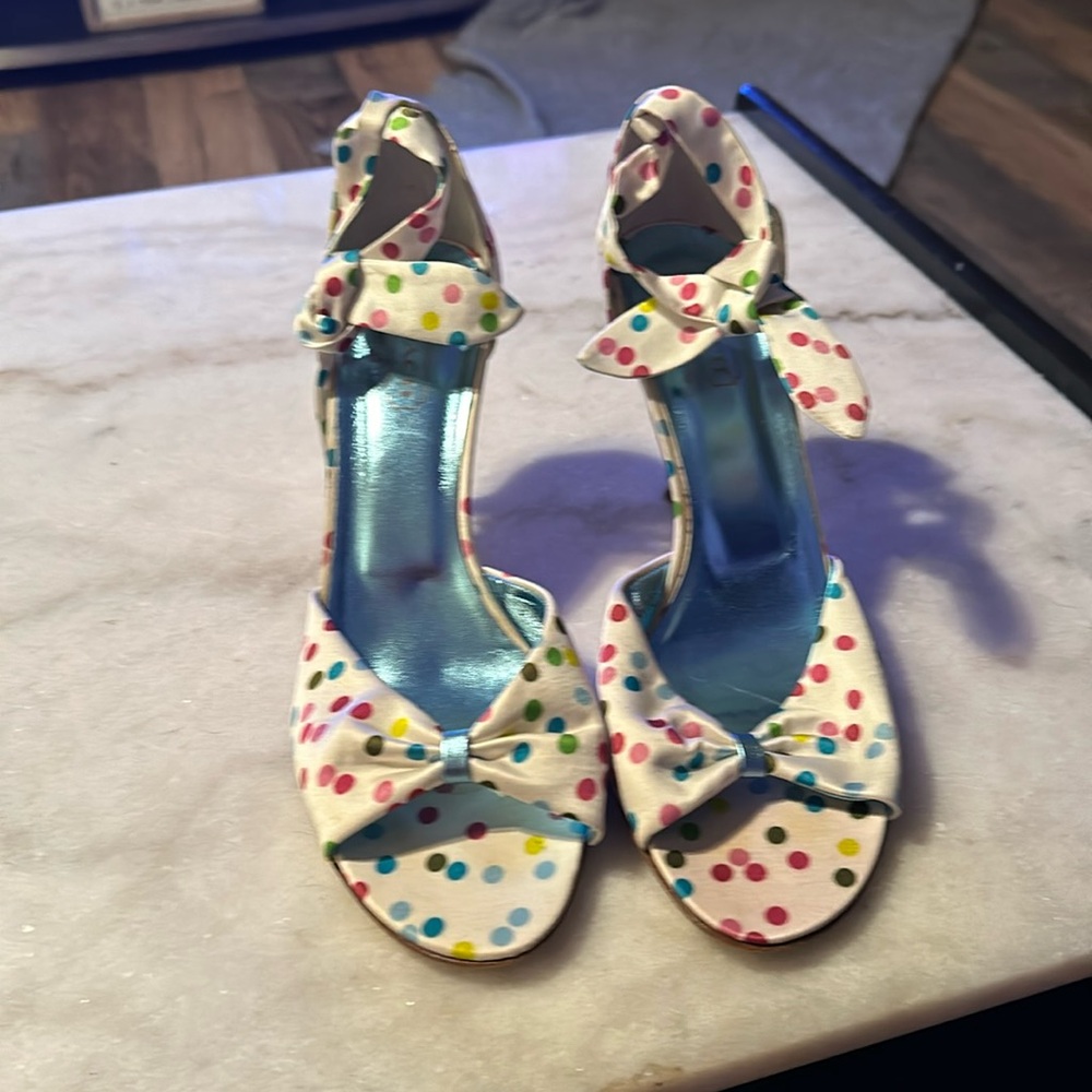 COACH Glena White Multi Satin Polka Dot Heels Bow Accents - US 10